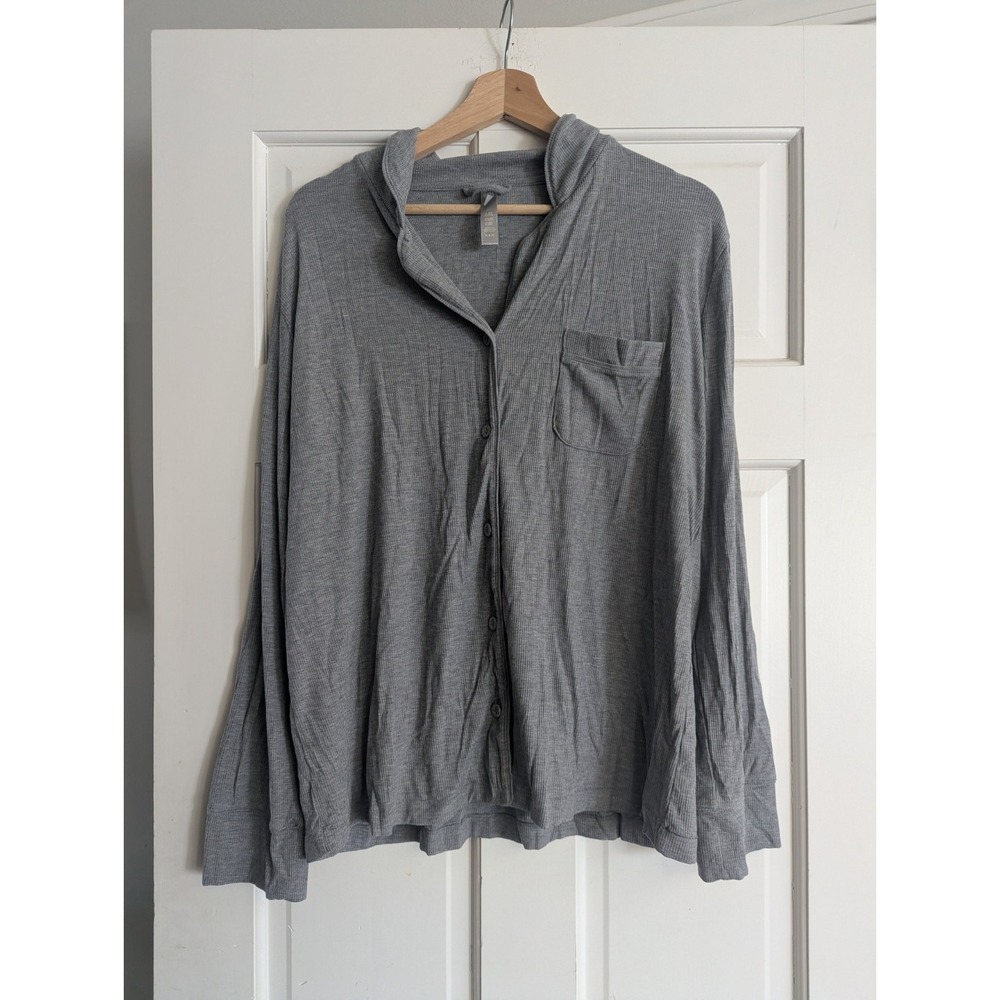 Skims Sz M Gray Ribbed Rib Soft Modal Stretch Knit Sleep Lounge Pajama Shirt Top